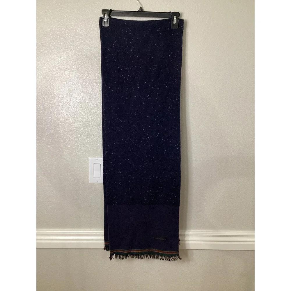 PS by Paul Smith Mens Navy Blue Speckled Wool Scarf Italy Fringe Multi Stripe